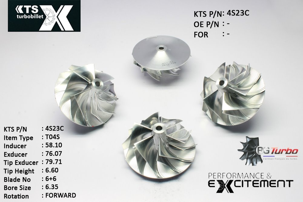 Turbo ROUE FORGÉE MFS PERFORMANCE - 6+6 PALES - INDUCER : 58,098 - EXDUCER : 76,07 - TYPE : T04SANGLE : 60° - ROTATION : Forward - SUPER BACK : 4,97 - BORE SIZE : 6,35
